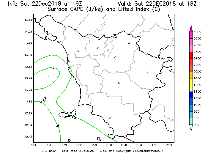 Mappa di analisi GFS - CAPE [J/kg] e Lifted Index [°C] in Toscana
									del 22/12/2018 18 <!--googleoff: index-->UTC<!--googleon: index-->