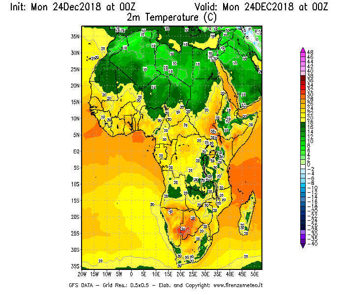 Mappa di analisi GFS - Temperatura a 2 metri dal suolo [°C] in Africa
							del 24/12/2018 00 <!--googleoff: index-->UTC<!--googleon: index-->