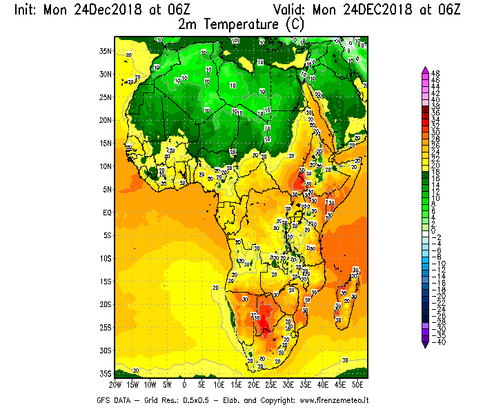 Mappa di analisi GFS - Temperatura a 2 metri dal suolo [°C] in Africa
									del 24/12/2018 06 <!--googleoff: index-->UTC<!--googleon: index-->