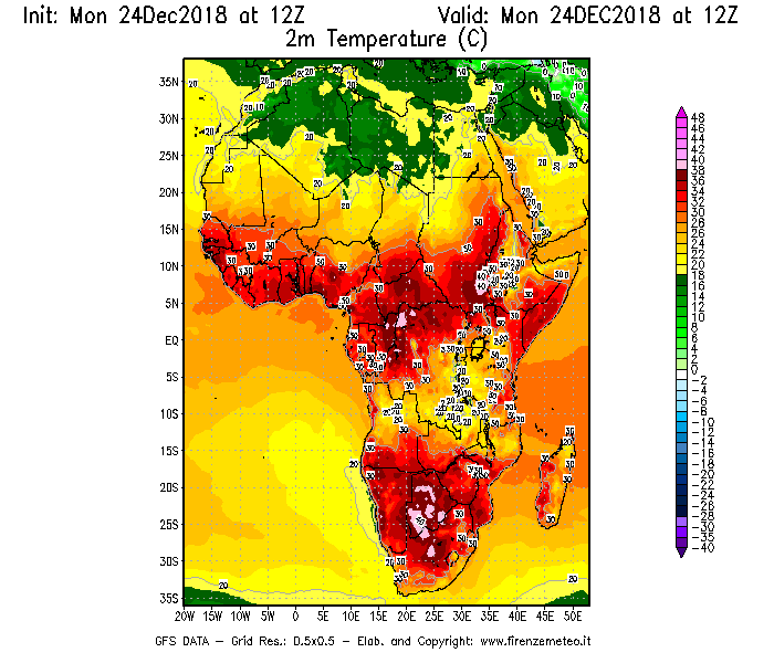 Mappa di analisi GFS - Temperatura a 2 metri dal suolo [°C] in Africa
									del 24/12/2018 12 <!--googleoff: index-->UTC<!--googleon: index-->
