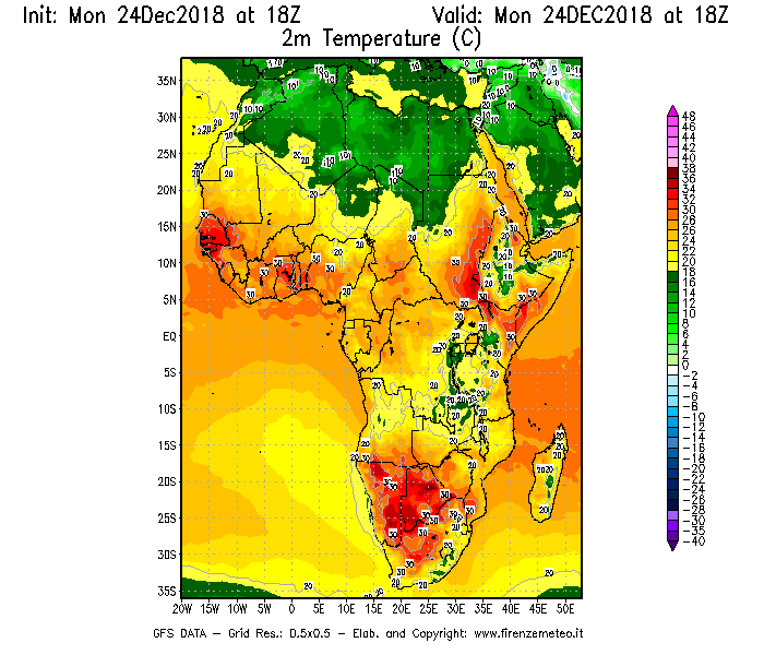 Mappa di analisi GFS - Temperatura a 2 metri dal suolo [°C] in Africa
									del 24/12/2018 18 <!--googleoff: index-->UTC<!--googleon: index-->