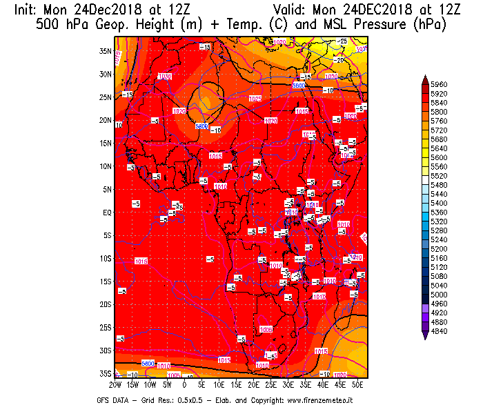 Mappa di analisi GFS - Geopotenziale [m] + Temp. [°C] a 500 hPa + Press. a livello del mare [hPa] in Africa
									del 24/12/2018 12 <!--googleoff: index-->UTC<!--googleon: index-->