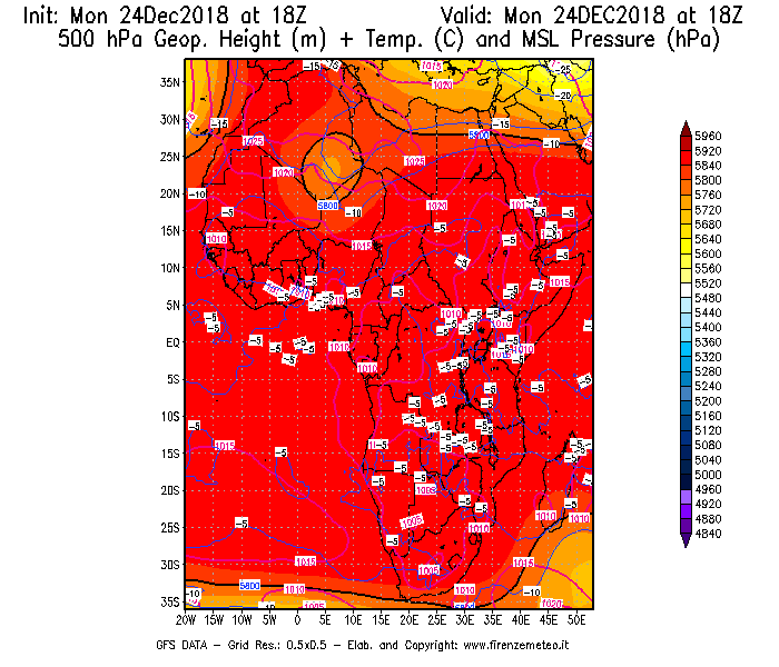 Mappa di analisi GFS - Geopotenziale [m] + Temp. [°C] a 500 hPa + Press. a livello del mare [hPa] in Africa
									del 24/12/2018 18 <!--googleoff: index-->UTC<!--googleon: index-->