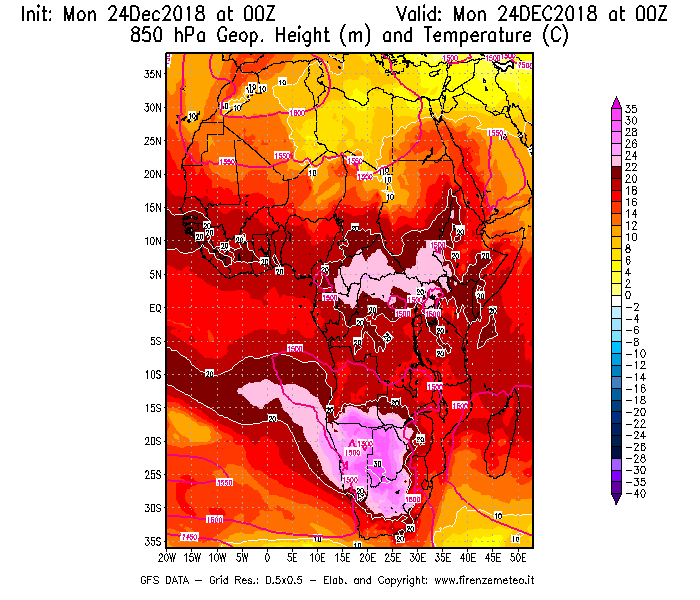 Mappa di analisi GFS - Geopotenziale [m] e Temperatura [°C] a 850 hPa in Africa
									del 24/12/2018 00 <!--googleoff: index-->UTC<!--googleon: index-->
