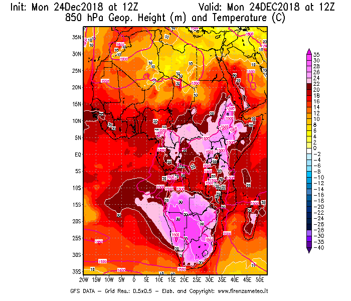 Mappa di analisi GFS - Geopotenziale [m] e Temperatura [°C] a 850 hPa in Africa
									del 24/12/2018 12 <!--googleoff: index-->UTC<!--googleon: index-->