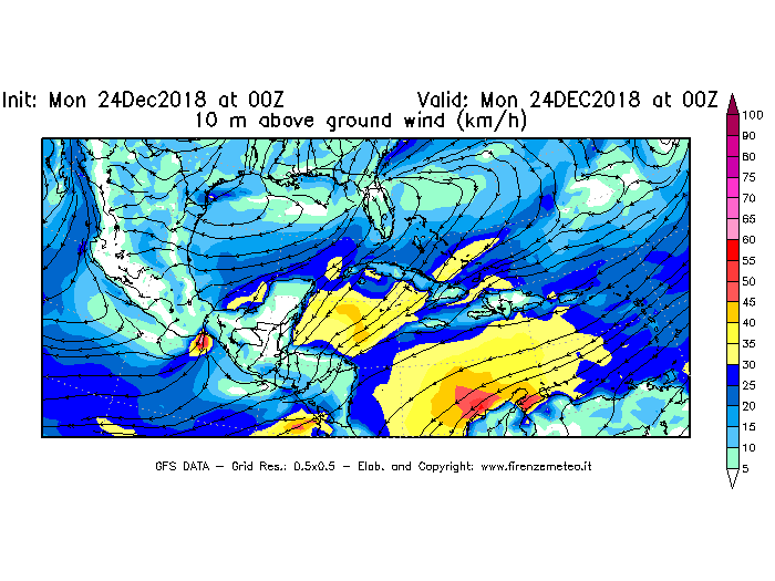 Mappa di analisi GFS - Velocità del vento a 10 metri dal suolo [km/h] in Centro-America
									del 24/12/2018 00 <!--googleoff: index-->UTC<!--googleon: index-->