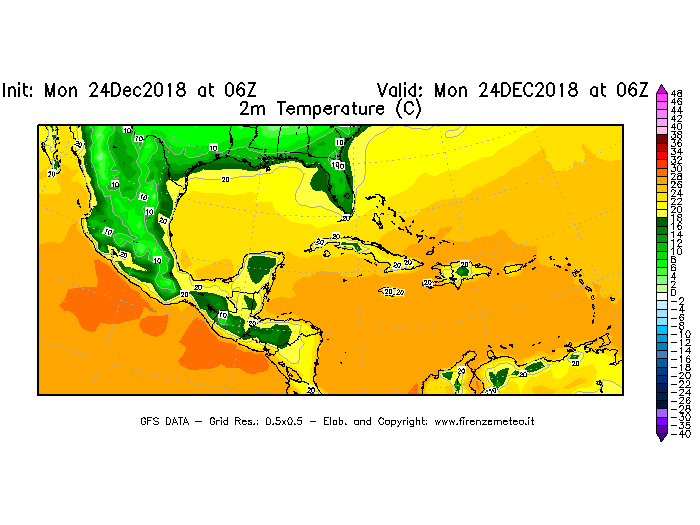 Mappa di analisi GFS - Temperatura a 2 metri dal suolo [°C] in Centro-America
									del 24/12/2018 06 <!--googleoff: index-->UTC<!--googleon: index-->