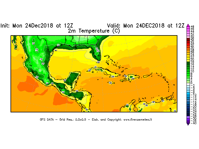 Mappa di analisi GFS - Temperatura a 2 metri dal suolo [°C] in Centro-America
									del 24/12/2018 12 <!--googleoff: index-->UTC<!--googleon: index-->