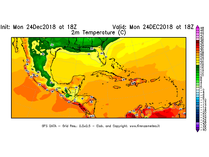 Mappa di analisi GFS - Temperatura a 2 metri dal suolo [°C] in Centro-America
									del 24/12/2018 18 <!--googleoff: index-->UTC<!--googleon: index-->