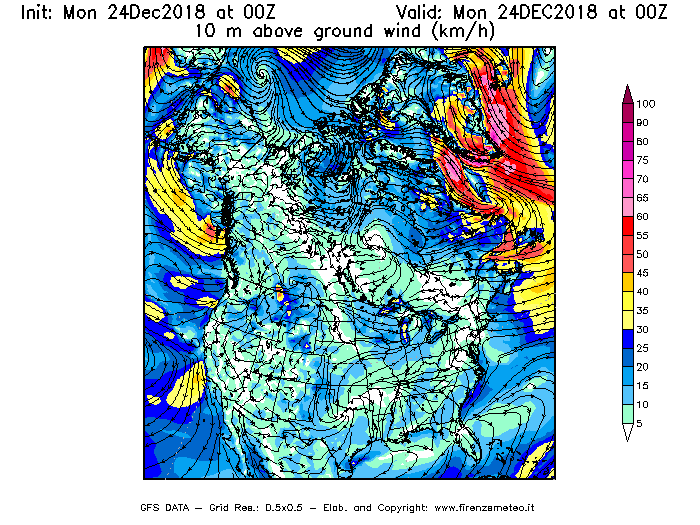 Mappa di analisi GFS - Velocità del vento a 10 metri dal suolo [km/h] in Nord-America
							del 24/12/2018 00 <!--googleoff: index-->UTC<!--googleon: index-->