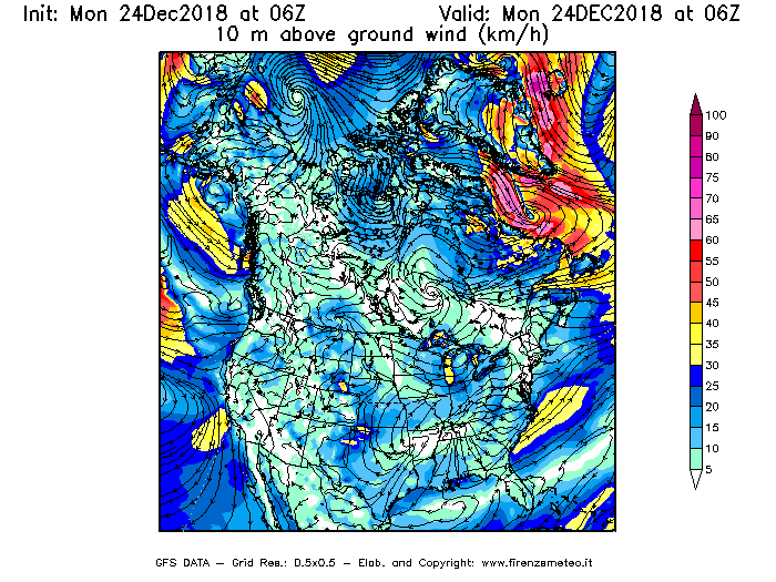 Mappa di analisi GFS - Velocità del vento a 10 metri dal suolo [km/h] in Nord-America
							del 24/12/2018 06 <!--googleoff: index-->UTC<!--googleon: index-->