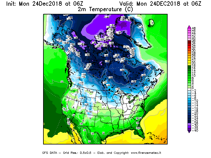 Mappa di analisi GFS - Temperatura a 2 metri dal suolo [°C] in Nord-America
							del 24/12/2018 06 <!--googleoff: index-->UTC<!--googleon: index-->