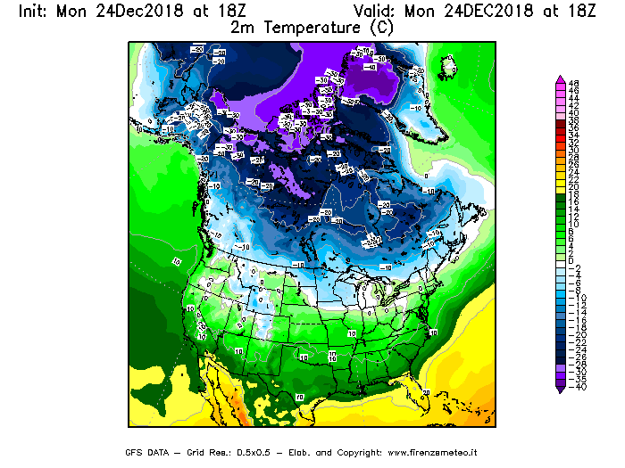 Mappa di analisi GFS - Temperatura a 2 metri dal suolo [°C] in Nord-America
									del 24/12/2018 18 <!--googleoff: index-->UTC<!--googleon: index-->