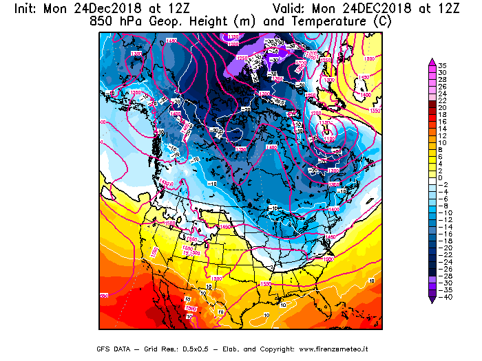 Mappa di analisi GFS - Geopotenziale [m] e Temperatura [°C] a 850 hPa in Nord-America
							del 24/12/2018 12 <!--googleoff: index-->UTC<!--googleon: index-->