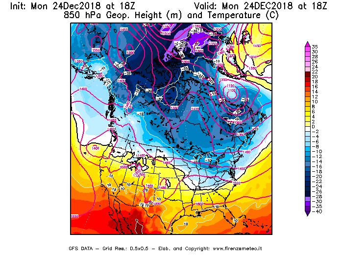 Mappa di analisi GFS - Geopotenziale [m] e Temperatura [°C] a 850 hPa in Nord-America
									del 24/12/2018 18 <!--googleoff: index-->UTC<!--googleon: index-->