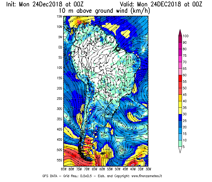 Mappa di analisi GFS - Velocità del vento a 10 metri dal suolo [km/h] in Sud-America
							del 24/12/2018 00 <!--googleoff: index-->UTC<!--googleon: index-->