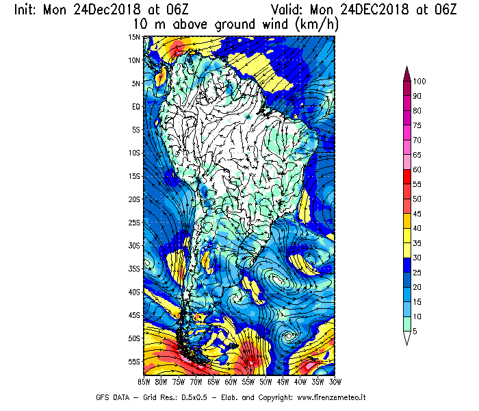 Mappa di analisi GFS - Velocità del vento a 10 metri dal suolo [km/h] in Sud-America
							del 24/12/2018 06 <!--googleoff: index-->UTC<!--googleon: index-->