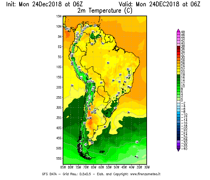 Mappa di analisi GFS - Temperatura a 2 metri dal suolo [°C] in Sud-America
									del 24/12/2018 06 <!--googleoff: index-->UTC<!--googleon: index-->