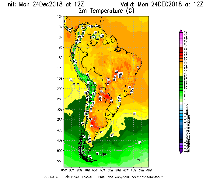 Mappa di analisi GFS - Temperatura a 2 metri dal suolo [°C] in Sud-America
									del 24/12/2018 12 <!--googleoff: index-->UTC<!--googleon: index-->