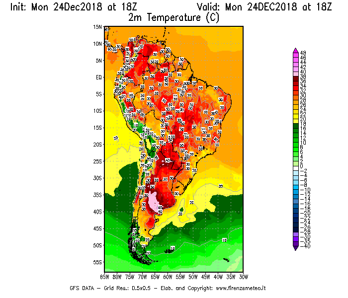 Mappa di analisi GFS - Temperatura a 2 metri dal suolo [°C] in Sud-America
							del 24/12/2018 18 <!--googleoff: index-->UTC<!--googleon: index-->