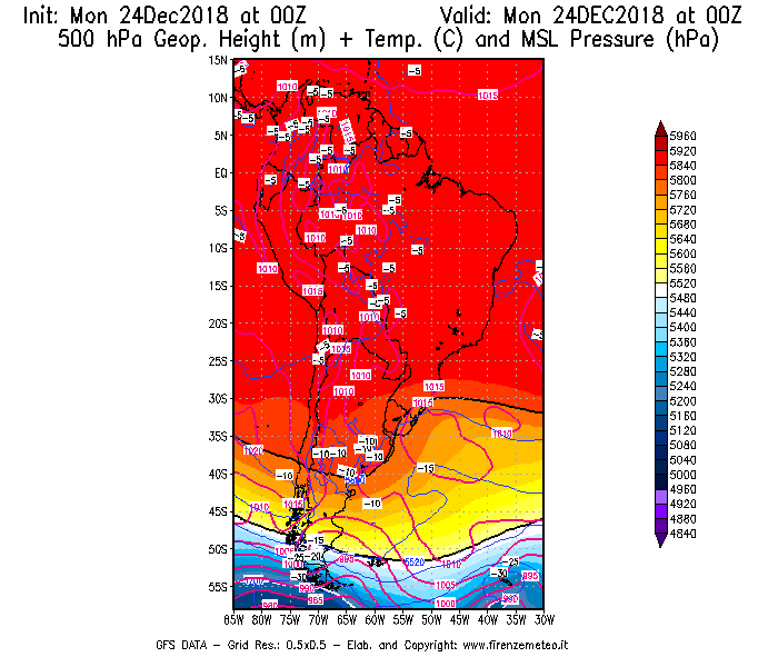Mappa di analisi GFS - Geopotenziale [m] + Temp. [°C] a 500 hPa + Press. a livello del mare [hPa] in Sud-America
							del 24/12/2018 00 <!--googleoff: index-->UTC<!--googleon: index-->