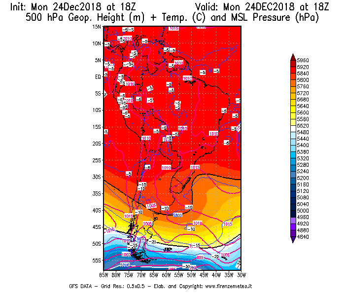 Mappa di analisi GFS - Geopotenziale [m] + Temp. [°C] a 500 hPa + Press. a livello del mare [hPa] in Sud-America
							del 24/12/2018 18 <!--googleoff: index-->UTC<!--googleon: index-->