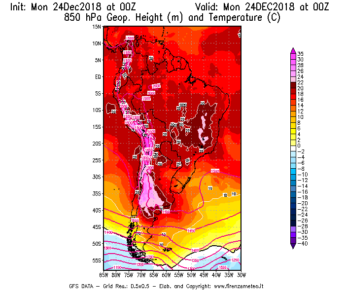 Mappa di analisi GFS - Geopotenziale [m] e Temperatura [°C] a 850 hPa in Sud-America
									del 24/12/2018 00 <!--googleoff: index-->UTC<!--googleon: index-->