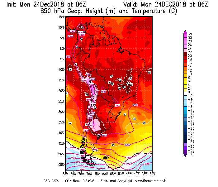 Mappa di analisi GFS - Geopotenziale [m] e Temperatura [°C] a 850 hPa in Sud-America
							del 24/12/2018 06 <!--googleoff: index-->UTC<!--googleon: index-->