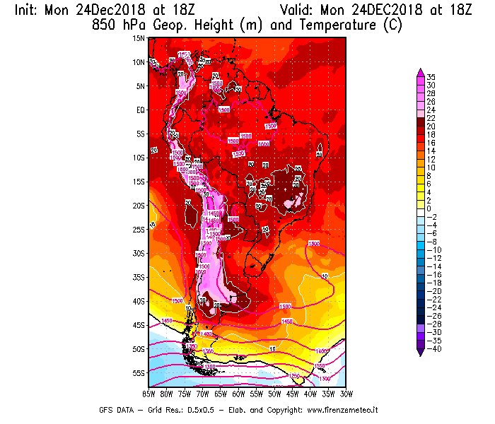 Mappa di analisi GFS - Geopotenziale [m] e Temperatura [°C] a 850 hPa in Sud-America
							del 24/12/2018 18 <!--googleoff: index-->UTC<!--googleon: index-->