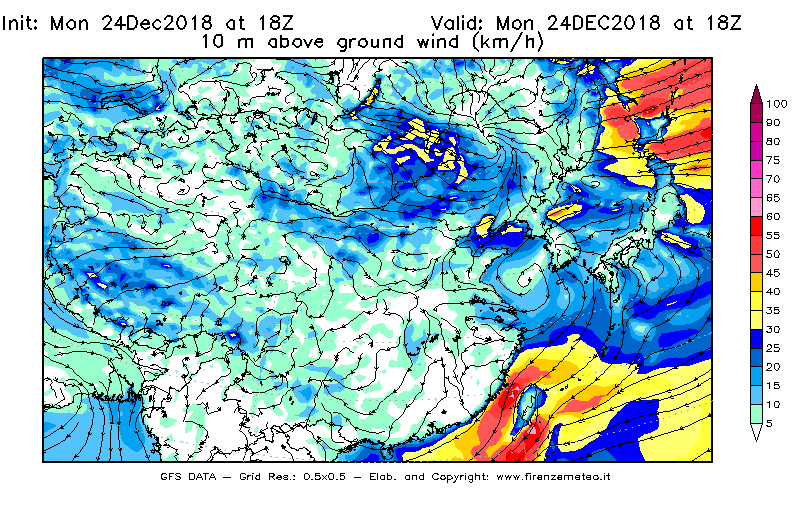 Mappa di analisi GFS - Velocità del vento a 10 metri dal suolo [km/h] in Asia Orientale
									del 24/12/2018 18 <!--googleoff: index-->UTC<!--googleon: index-->