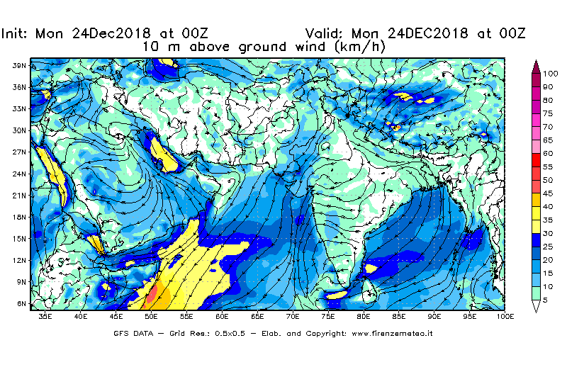 Mappa di analisi GFS - Velocità del vento a 10 metri dal suolo [km/h] in Asia Sud-Occidentale
									del 24/12/2018 00 <!--googleoff: index-->UTC<!--googleon: index-->
