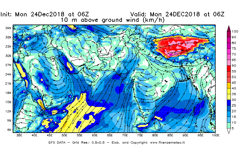 Mappa di analisi GFS - Velocità del vento a 10 metri dal suolo [km/h] in Asia Sud-Occidentale
									del 24/12/2018 06 <!--googleoff: index-->UTC<!--googleon: index-->