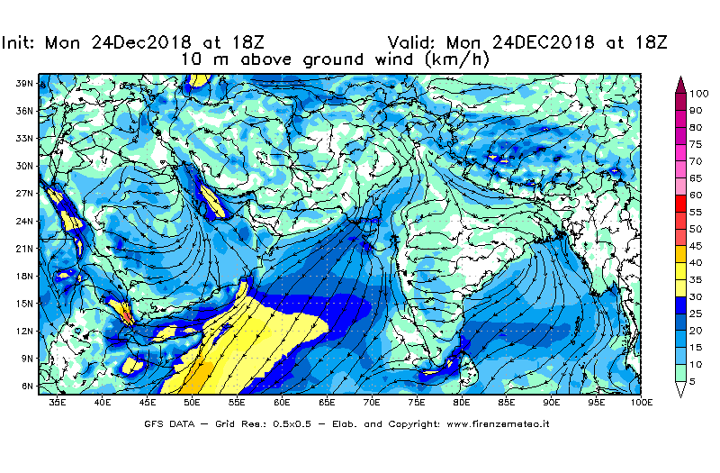 Mappa di analisi GFS - Velocità del vento a 10 metri dal suolo [km/h] in Asia Sud-Occidentale
							del 24/12/2018 18 <!--googleoff: index-->UTC<!--googleon: index-->