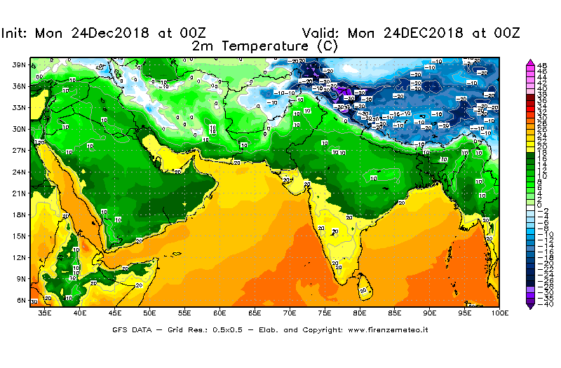 Mappa di analisi GFS - Temperatura a 2 metri dal suolo [°C] in Asia Sud-Occidentale
									del 24/12/2018 00 <!--googleoff: index-->UTC<!--googleon: index-->