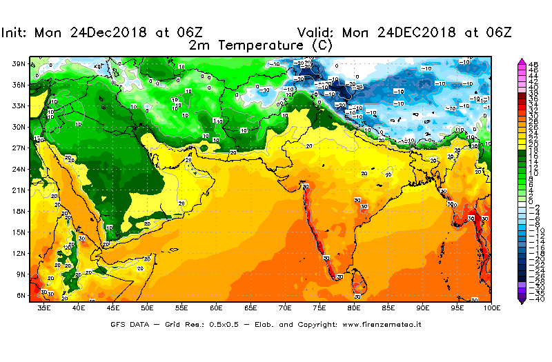 Mappa di analisi GFS - Temperatura a 2 metri dal suolo [°C] in Asia Sud-Occidentale
							del 24/12/2018 06 <!--googleoff: index-->UTC<!--googleon: index-->