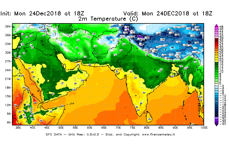 Mappa di analisi GFS - Temperatura a 2 metri dal suolo [°C] in Asia Sud-Occidentale
							del 24/12/2018 18 <!--googleoff: index-->UTC<!--googleon: index-->