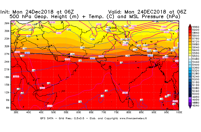 Mappa di analisi GFS - Geopotenziale [m] + Temp. [°C] a 500 hPa + Press. a livello del mare [hPa] in Asia Sud-Occidentale
							del 24/12/2018 06 <!--googleoff: index-->UTC<!--googleon: index-->