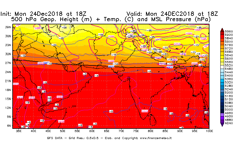 Mappa di analisi GFS - Geopotenziale [m] + Temp. [°C] a 500 hPa + Press. a livello del mare [hPa] in Asia Sud-Occidentale
									del 24/12/2018 18 <!--googleoff: index-->UTC<!--googleon: index-->