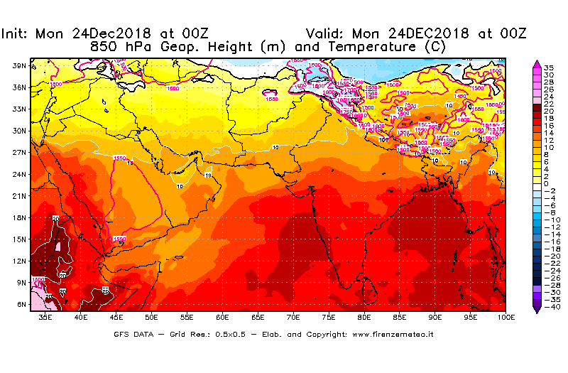 Mappa di analisi GFS - Geopotenziale [m] e Temperatura [°C] a 850 hPa in Asia Sud-Occidentale
							del 24/12/2018 00 <!--googleoff: index-->UTC<!--googleon: index-->