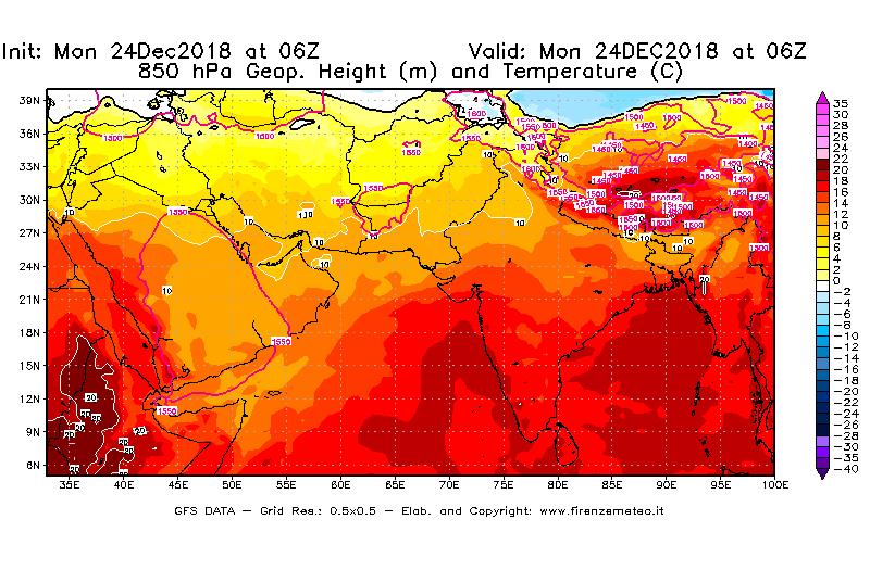 Mappa di analisi GFS - Geopotenziale [m] e Temperatura [°C] a 850 hPa in Asia Sud-Occidentale
									del 24/12/2018 06 <!--googleoff: index-->UTC<!--googleon: index-->
