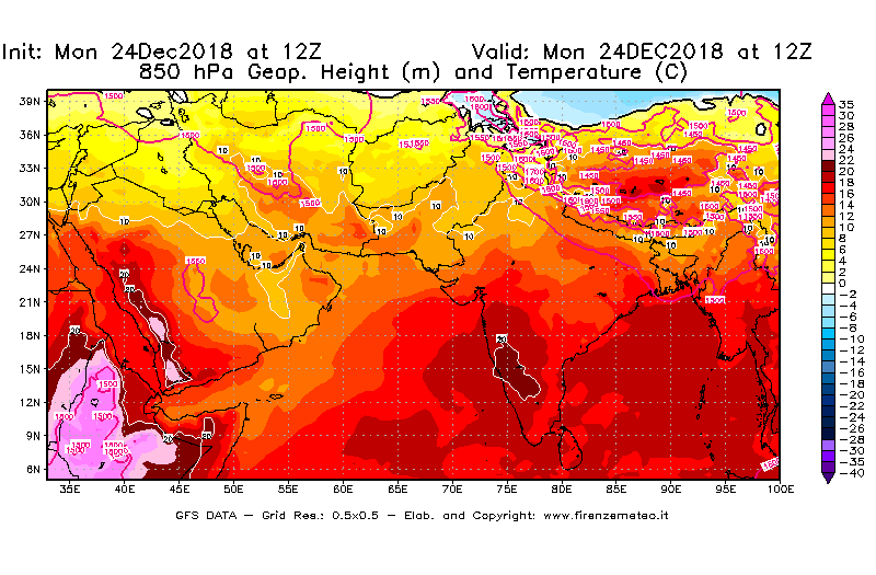 Mappa di analisi GFS - Geopotenziale [m] e Temperatura [°C] a 850 hPa in Asia Sud-Occidentale
							del 24/12/2018 12 <!--googleoff: index-->UTC<!--googleon: index-->