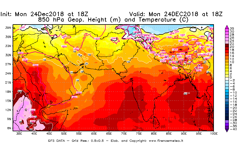 Mappa di analisi GFS - Geopotenziale [m] e Temperatura [°C] a 850 hPa in Asia Sud-Occidentale
							del 24/12/2018 18 <!--googleoff: index-->UTC<!--googleon: index-->