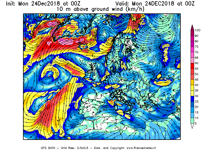 Mappa di analisi GFS - Velocità del vento a 10 metri dal suolo [km/h] in Europa
									del 24/12/2018 00 <!--googleoff: index-->UTC<!--googleon: index-->