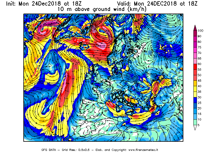 Mappa di analisi GFS - Velocità del vento a 10 metri dal suolo [km/h] in Europa
									del 24/12/2018 18 <!--googleoff: index-->UTC<!--googleon: index-->