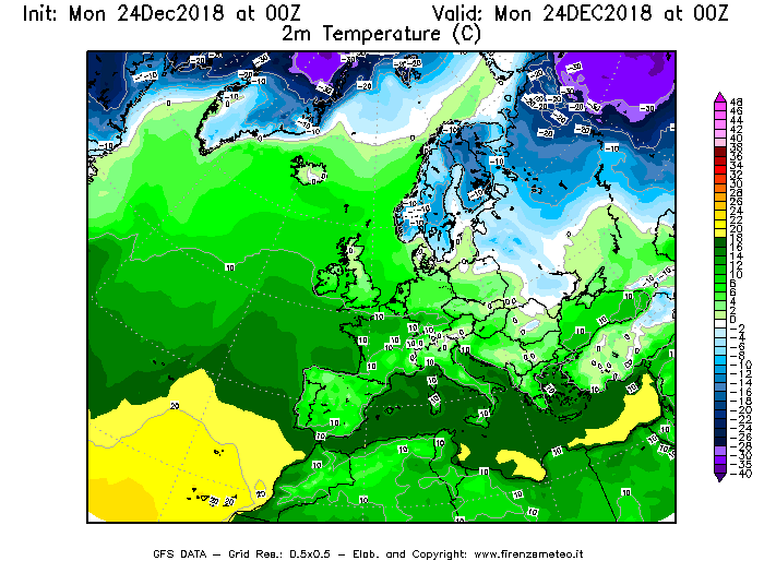 Mappa di analisi GFS - Temperatura a 2 metri dal suolo [°C] in Europa
							del 24/12/2018 00 <!--googleoff: index-->UTC<!--googleon: index-->