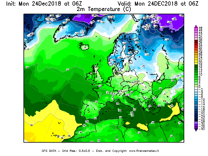 Mappa di analisi GFS - Temperatura a 2 metri dal suolo [°C] in Europa
							del 24/12/2018 06 <!--googleoff: index-->UTC<!--googleon: index-->