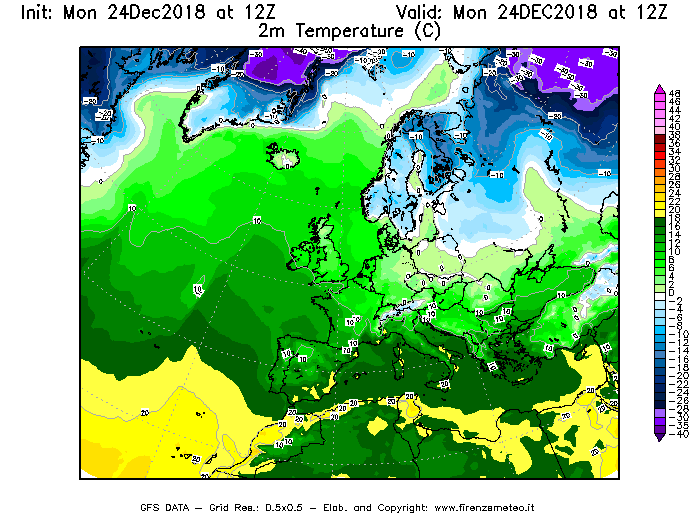 Mappa di analisi GFS - Temperatura a 2 metri dal suolo [°C] in Europa
									del 24/12/2018 12 <!--googleoff: index-->UTC<!--googleon: index-->