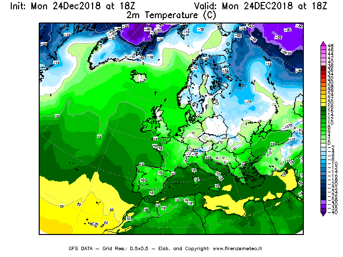 Mappa di analisi GFS - Temperatura a 2 metri dal suolo [°C] in Europa
							del 24/12/2018 18 <!--googleoff: index-->UTC<!--googleon: index-->