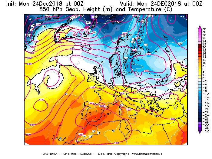 Mappa di analisi GFS - Geopotenziale [m] e Temperatura [°C] a 850 hPa in Europa
									del 24/12/2018 00 <!--googleoff: index-->UTC<!--googleon: index-->