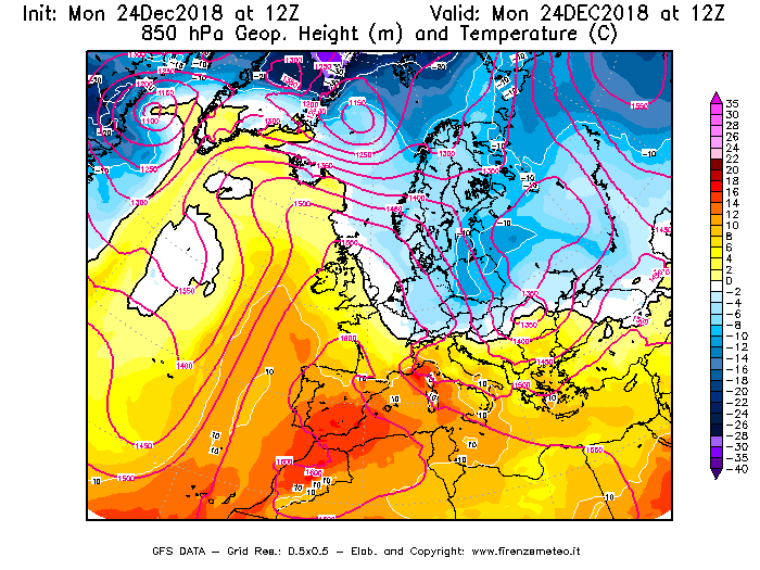 Mappa di analisi GFS - Geopotenziale [m] e Temperatura [°C] a 850 hPa in Europa
									del 24/12/2018 12 <!--googleoff: index-->UTC<!--googleon: index-->